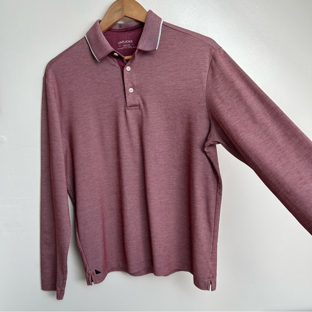 UNTUCKit Mens Beaux Long-Sleeve Tipped Polo Shirt Heathered Red/Pink Size Medium - Picture 6 of 11